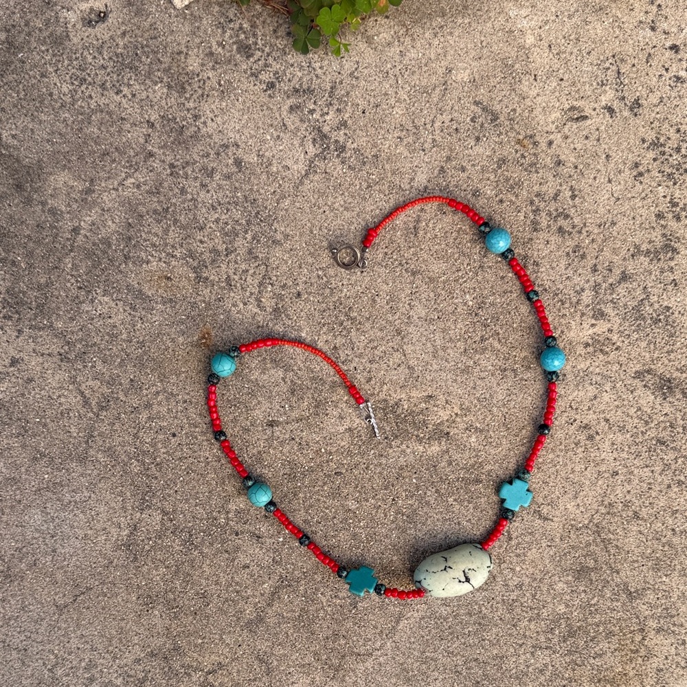 Vintage Turquoise Cross and Red Beaded